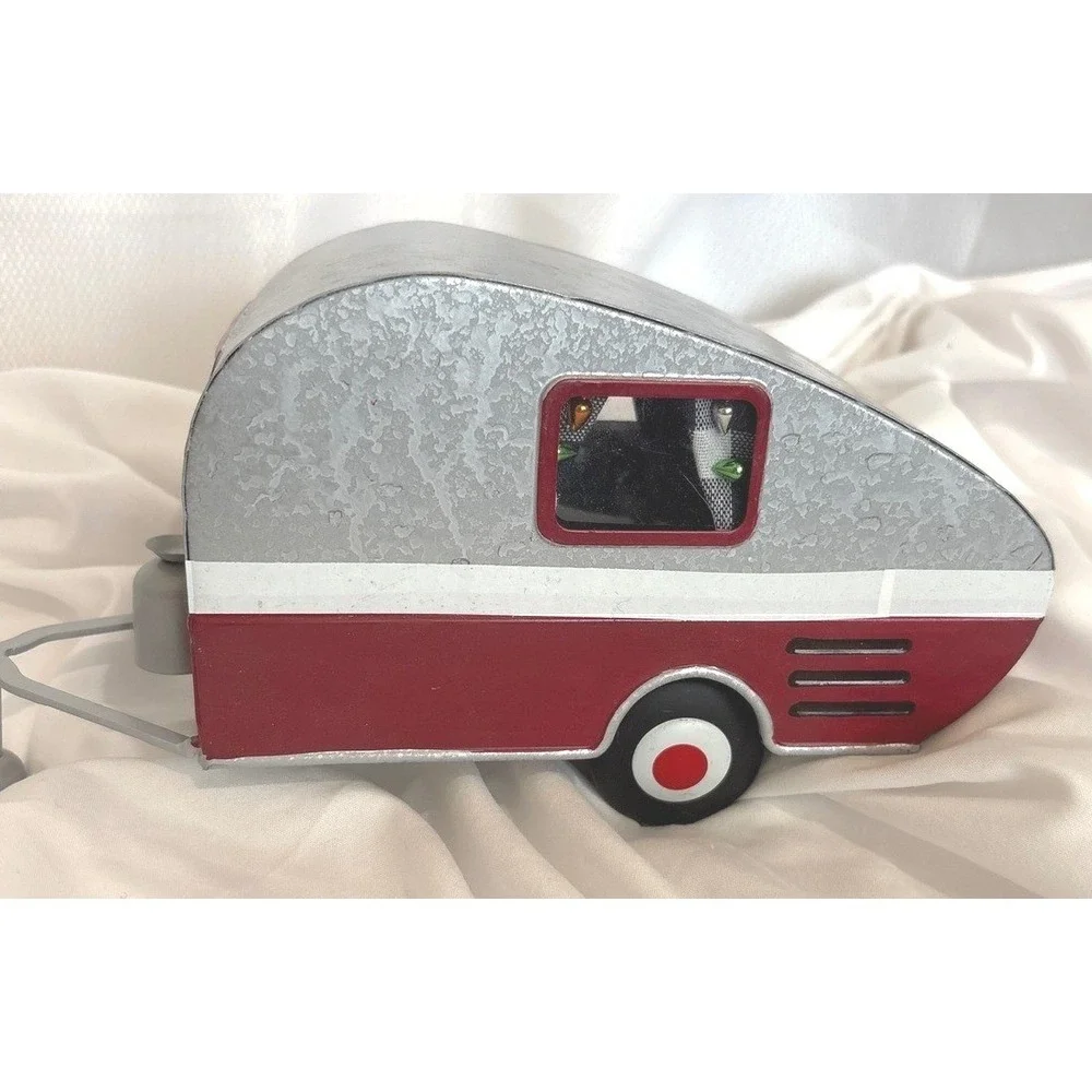 Christmas Galvanized Metal‎ Teardrop Camper Trailer Red Silver Holiday Decor